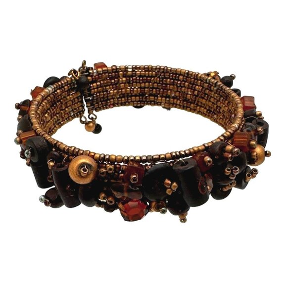 Boho Chic Multi Bead Bangle Bracelet Cuff Flex Wire Eclectic Earthy Tones Brown - Picture 3 of 9